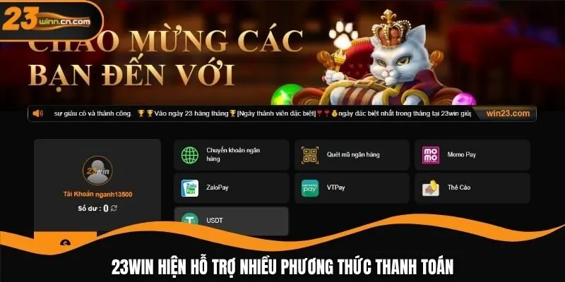 23WIN hiện hỗ trợ nhiều phương thức thanh toán